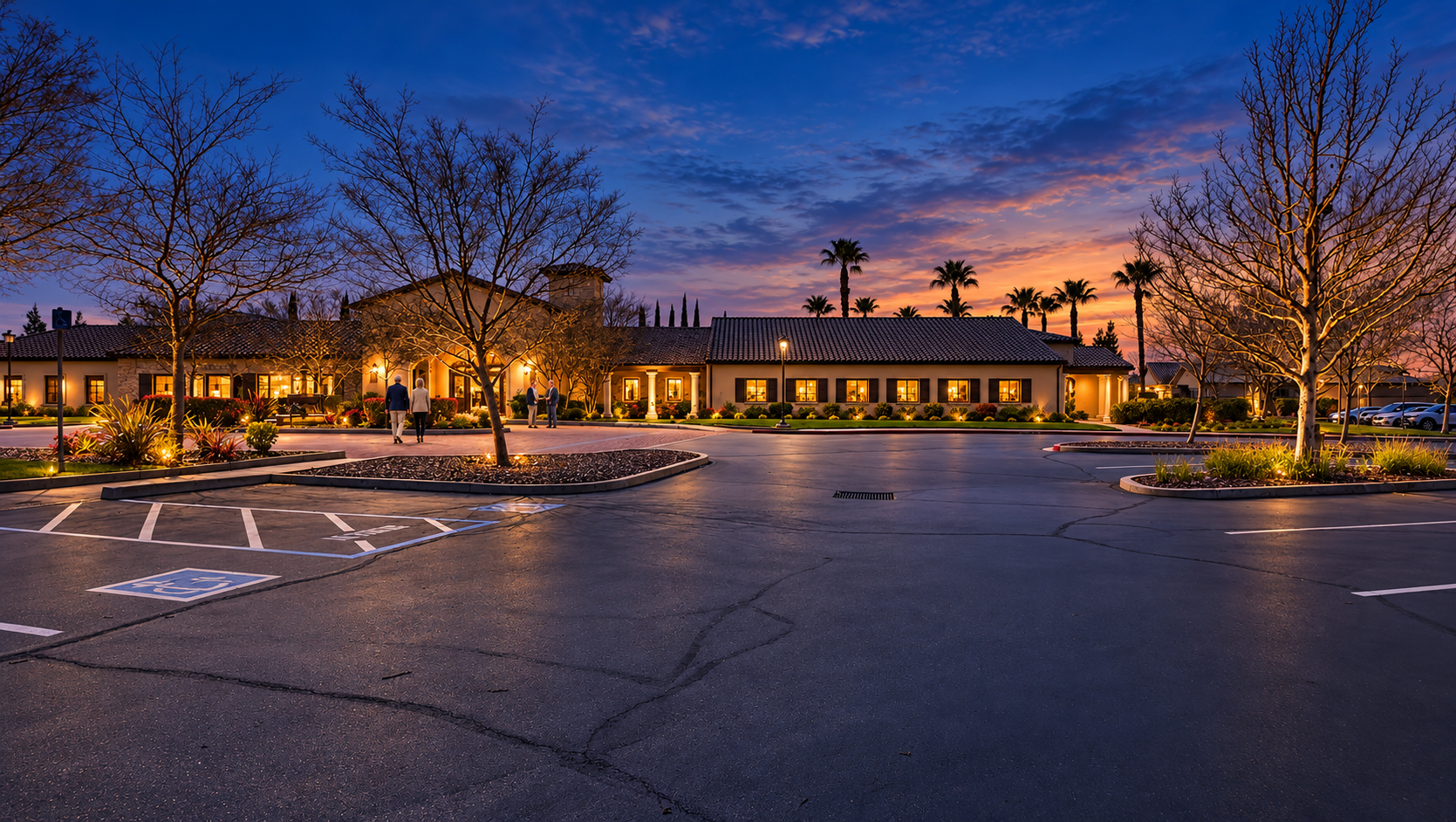 The Four Seasons at Westshore clubhouse glowing at blue hour, the 55+ active-adult community in Sacramento, California