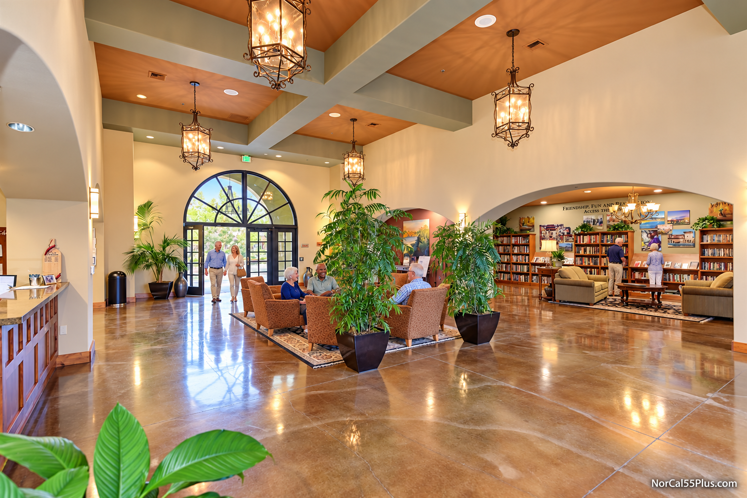 The elegant community lobby at Four Seasons at Westshore, the 55+ active-adult community in Sacramento, California
