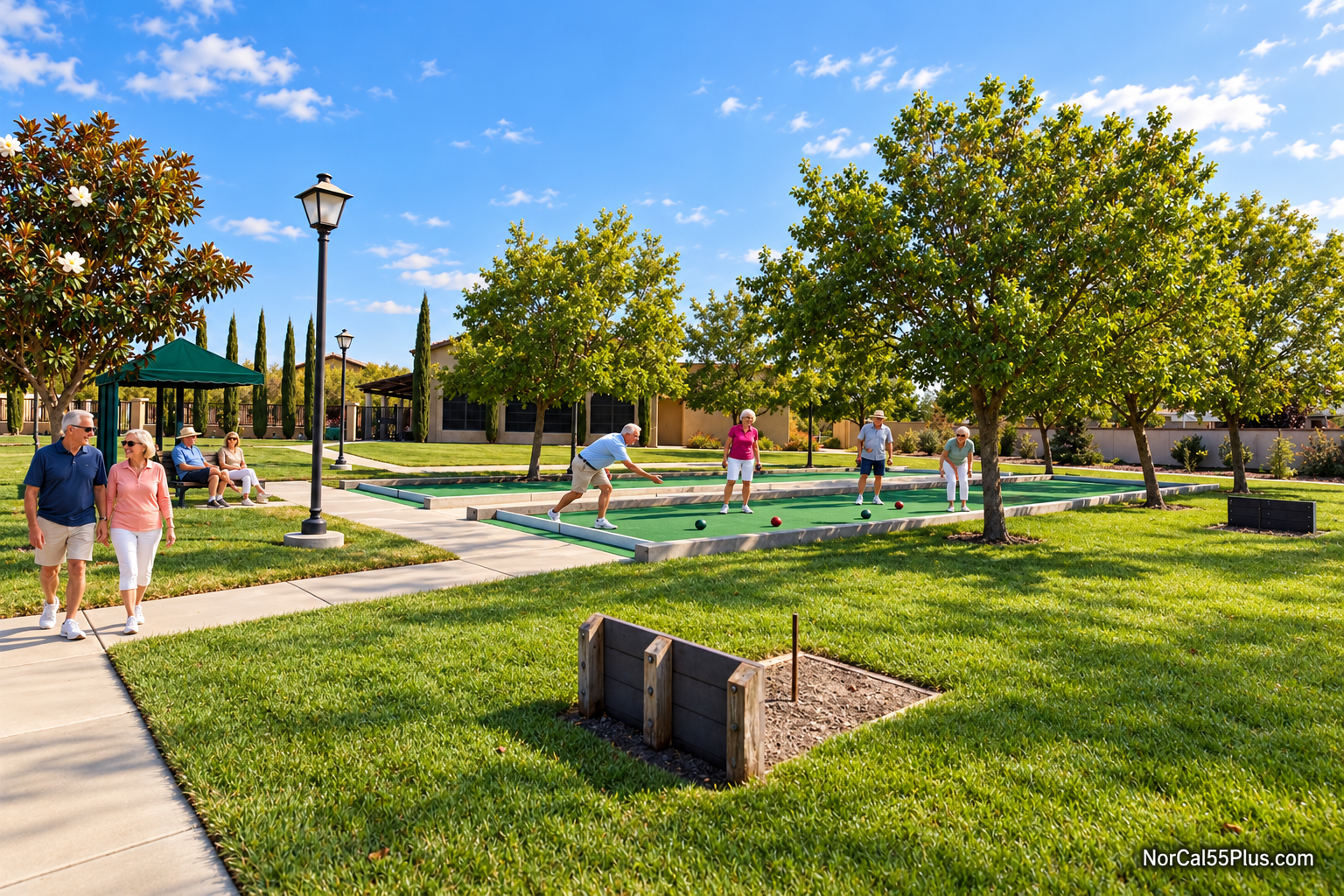 The bocce courts and community activity at Four Seasons at Westshore, the 55+ active-adult community in Sacramento, California