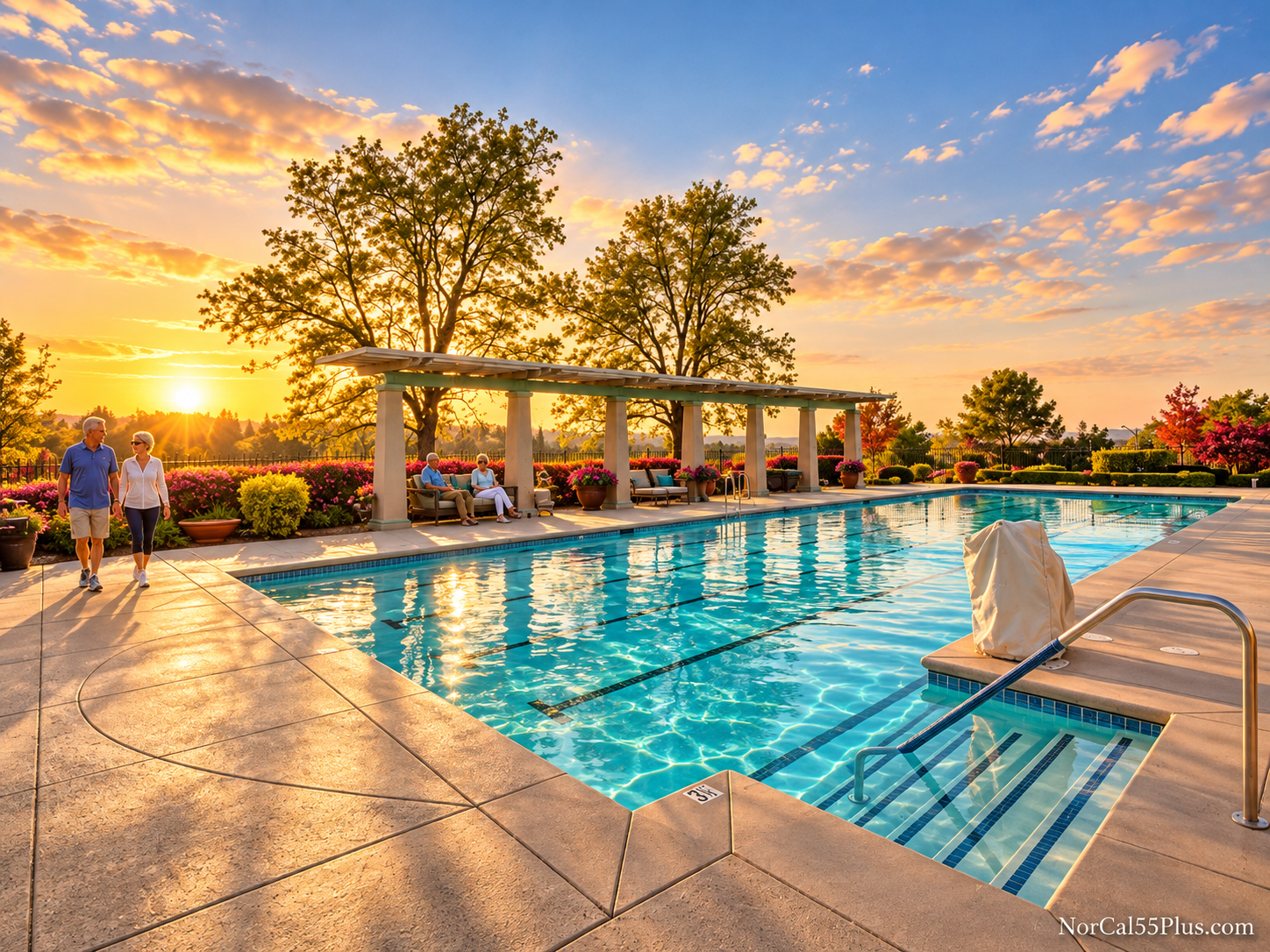 The resort-style pool at sunset at Springfield at Whitney Oaks, the 55+ active-adult community in Rocklin, California