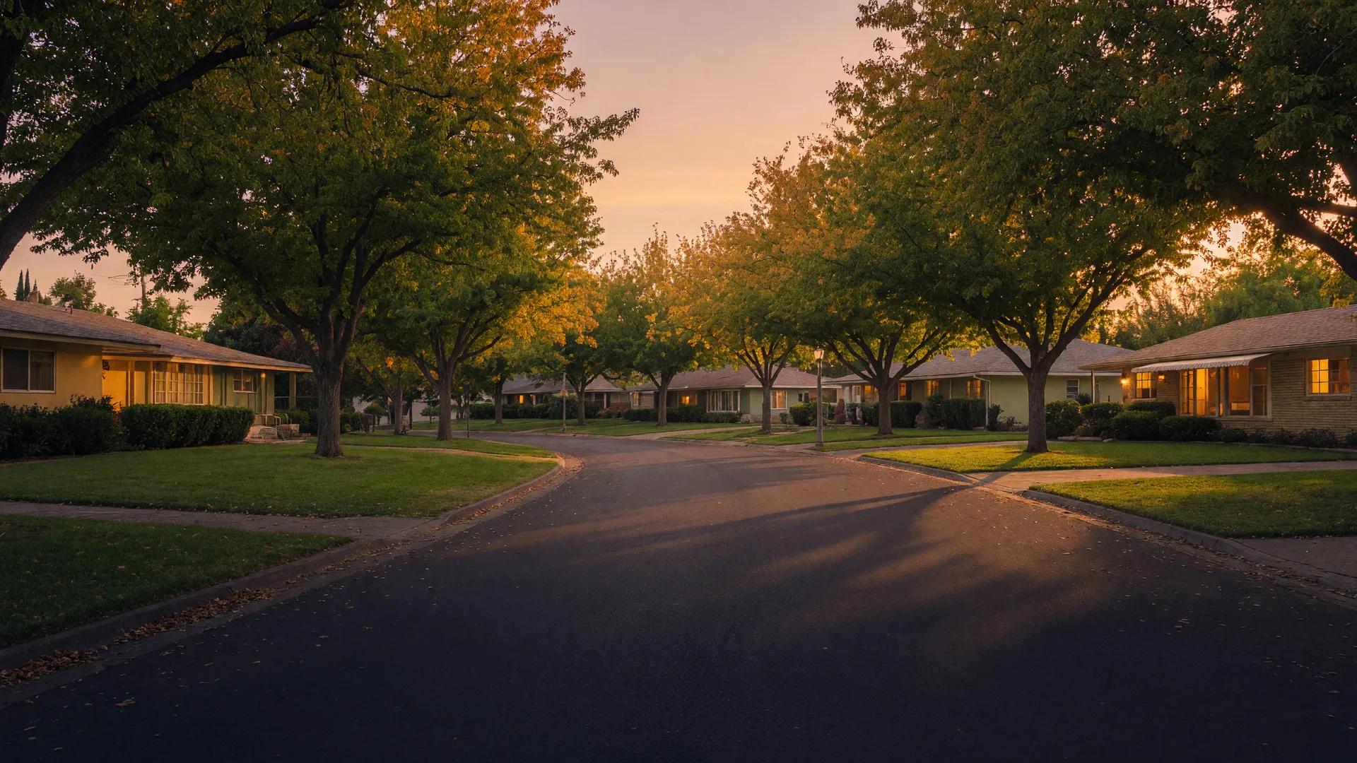A calm golden-hour Sacramento neighborhood street with mature trees and warm homes