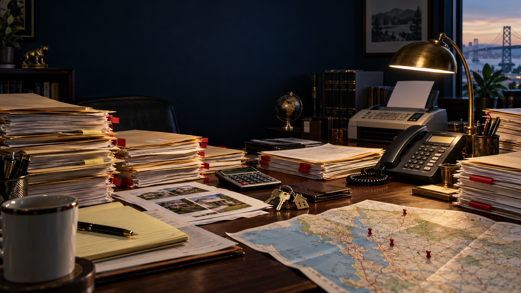 An agent's desk with a push-pin map and short-sale paperwork, symbolizing how distressed-property files were worked in 2007 and today