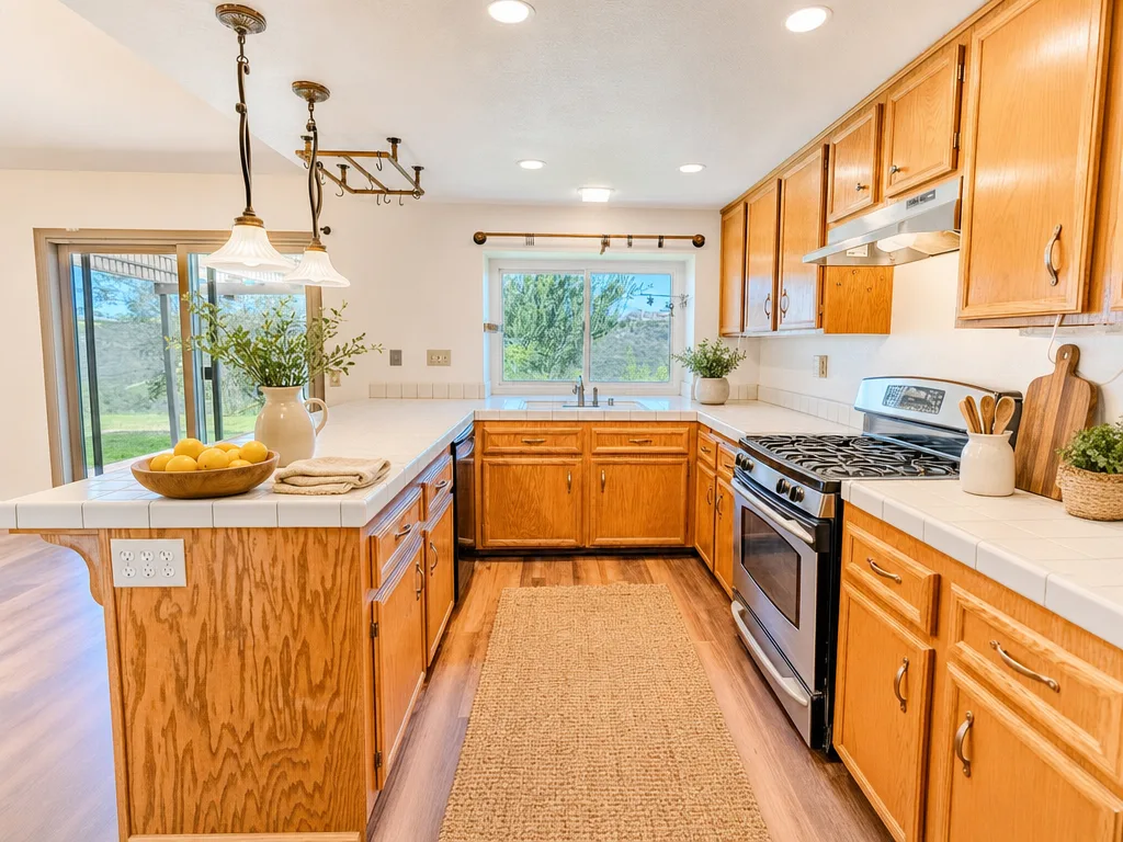 Virtually staged renovated kitchen with wood cabinetry and a sliding door to the yard