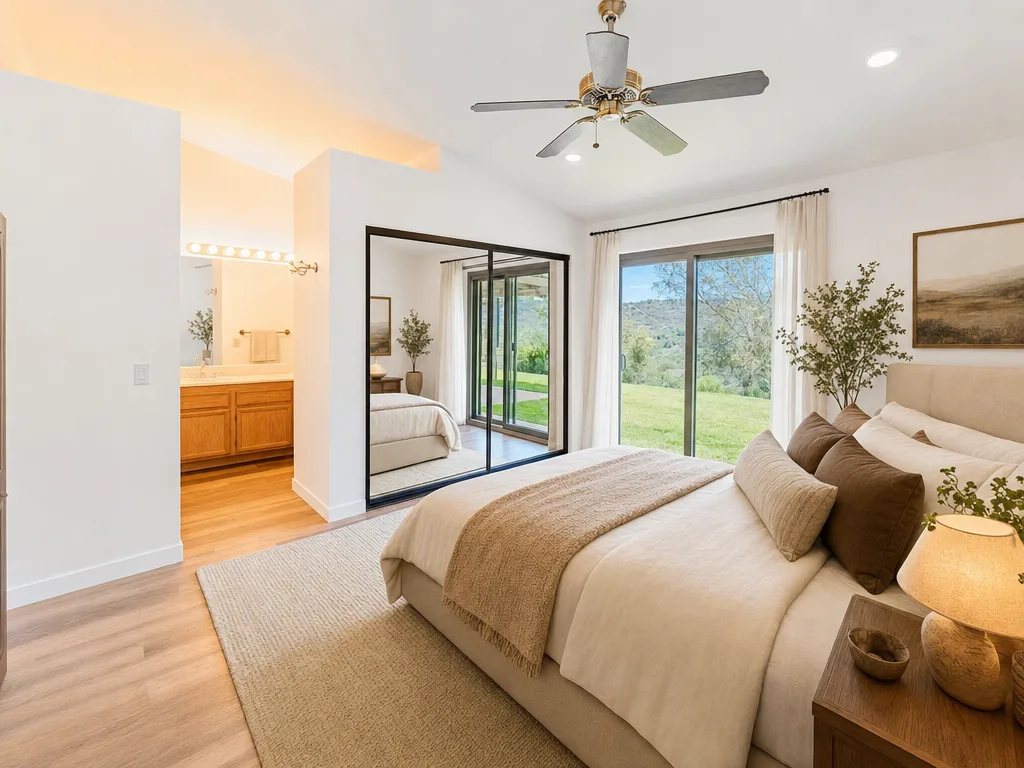 Virtually staged primary bedroom with sliding glass doors framing canyon views
