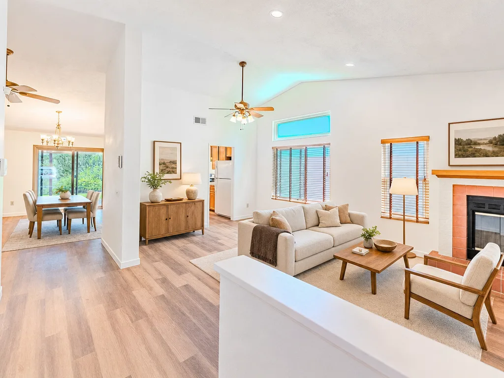 Virtually staged open living and dining room with the brick fireplace and sliding door