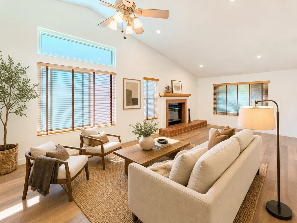 Virtually staged living room at 637 Redlands Pl centered on the red brick fireplace