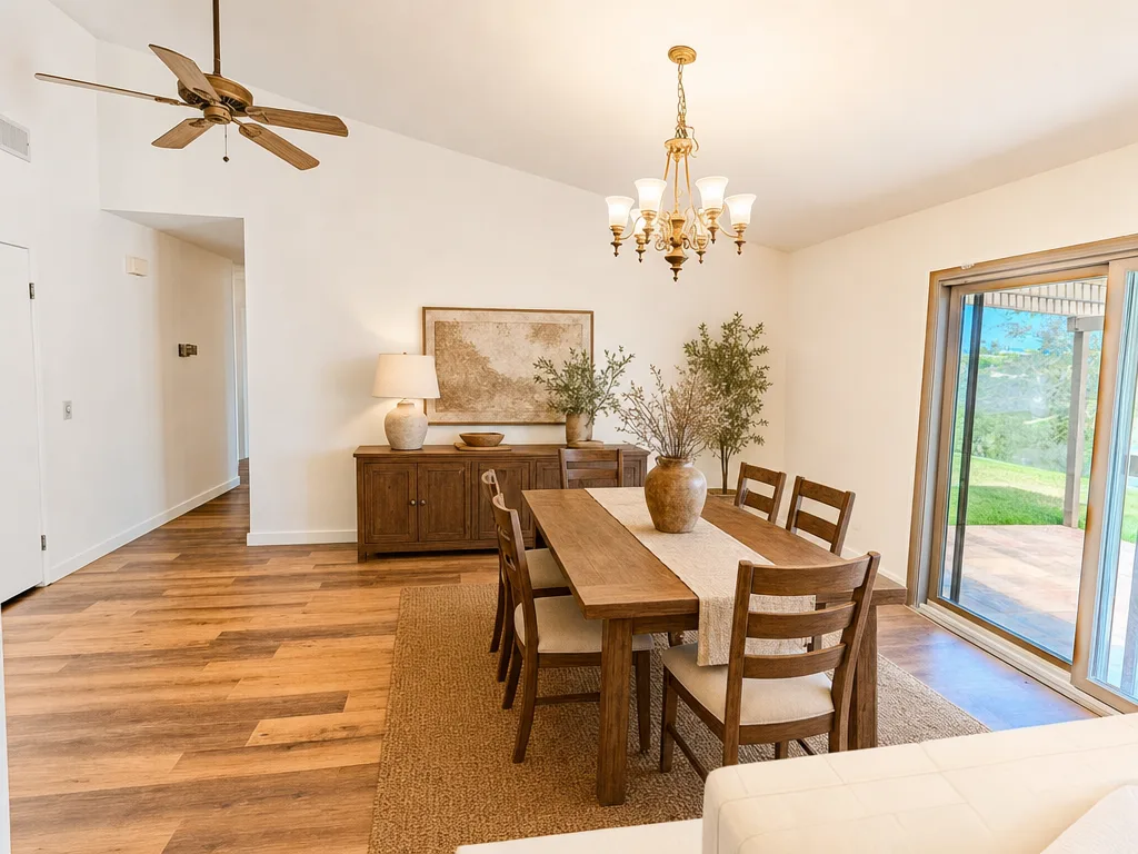 Virtually staged dining area with a vaulted ceiling