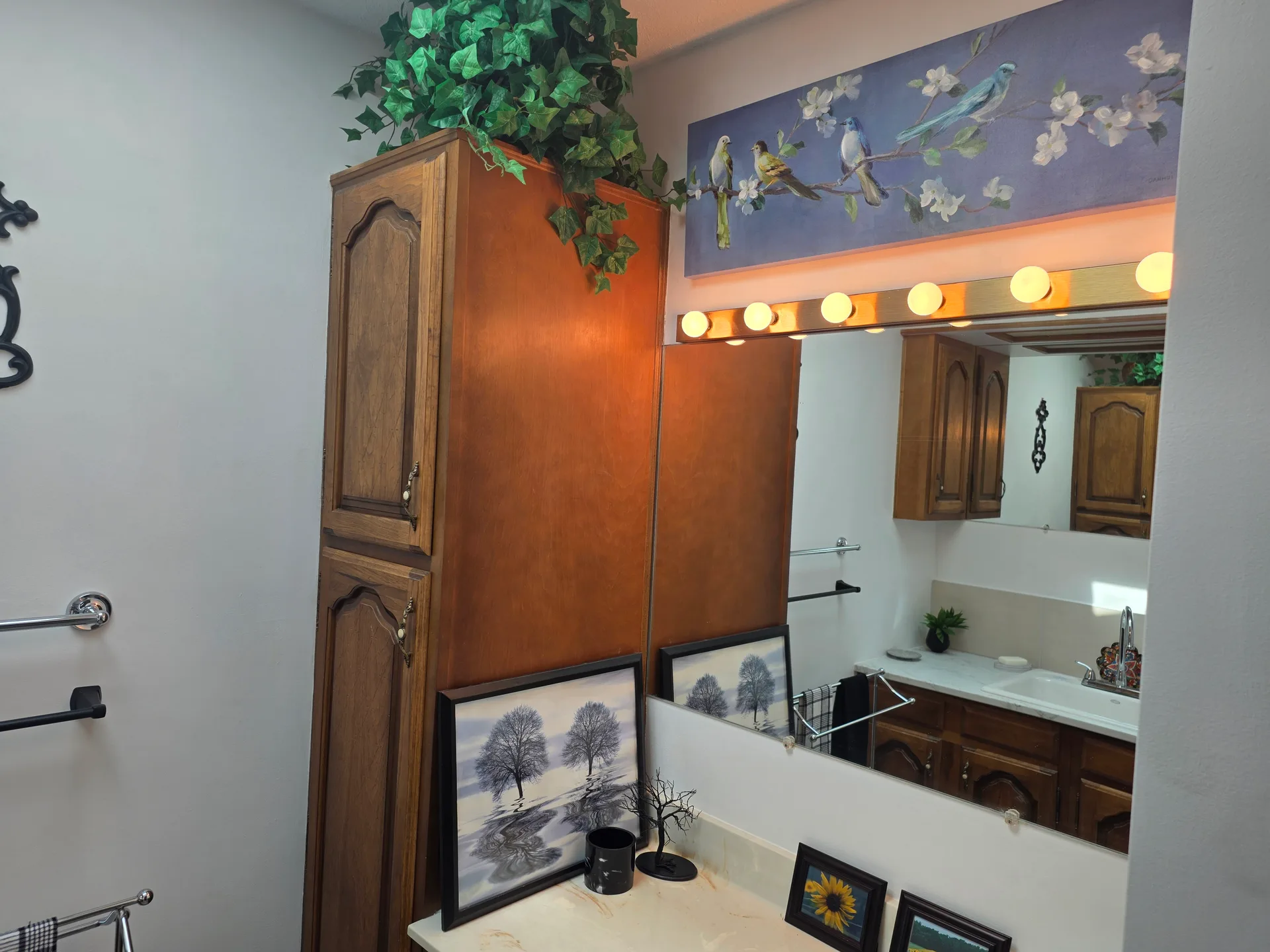 Close-up of bathroom vanity with wood cabinetry and Hollywood-style lighting