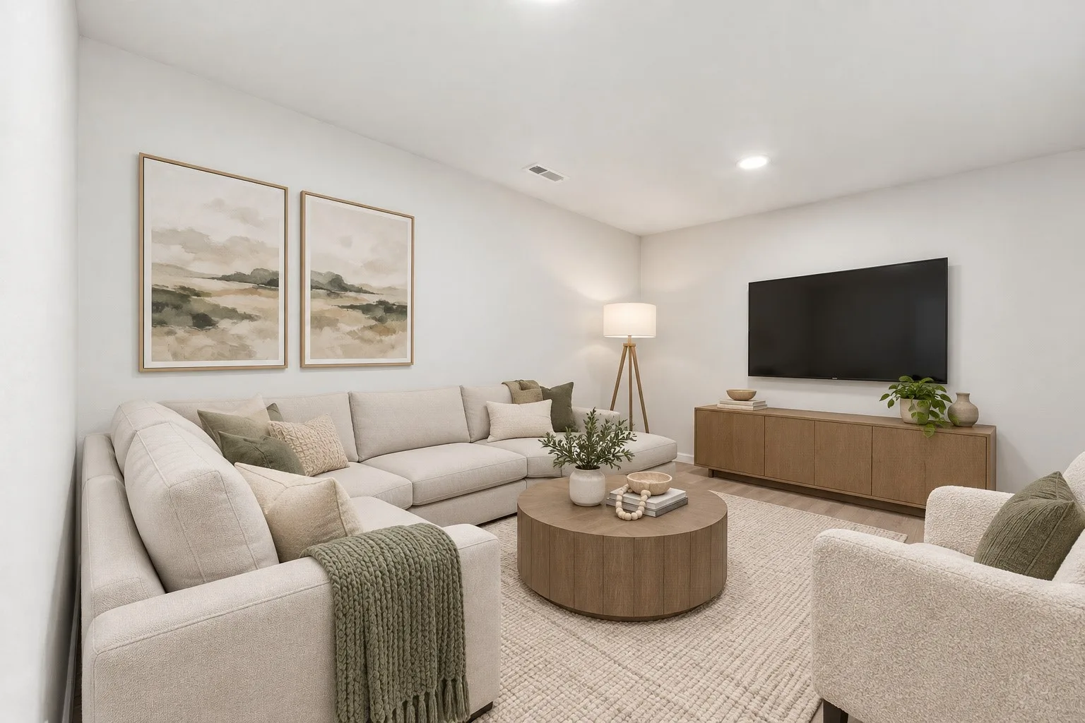 Family room with a beige sectional sofa, accent pillows, a green throw blanket, and a media console