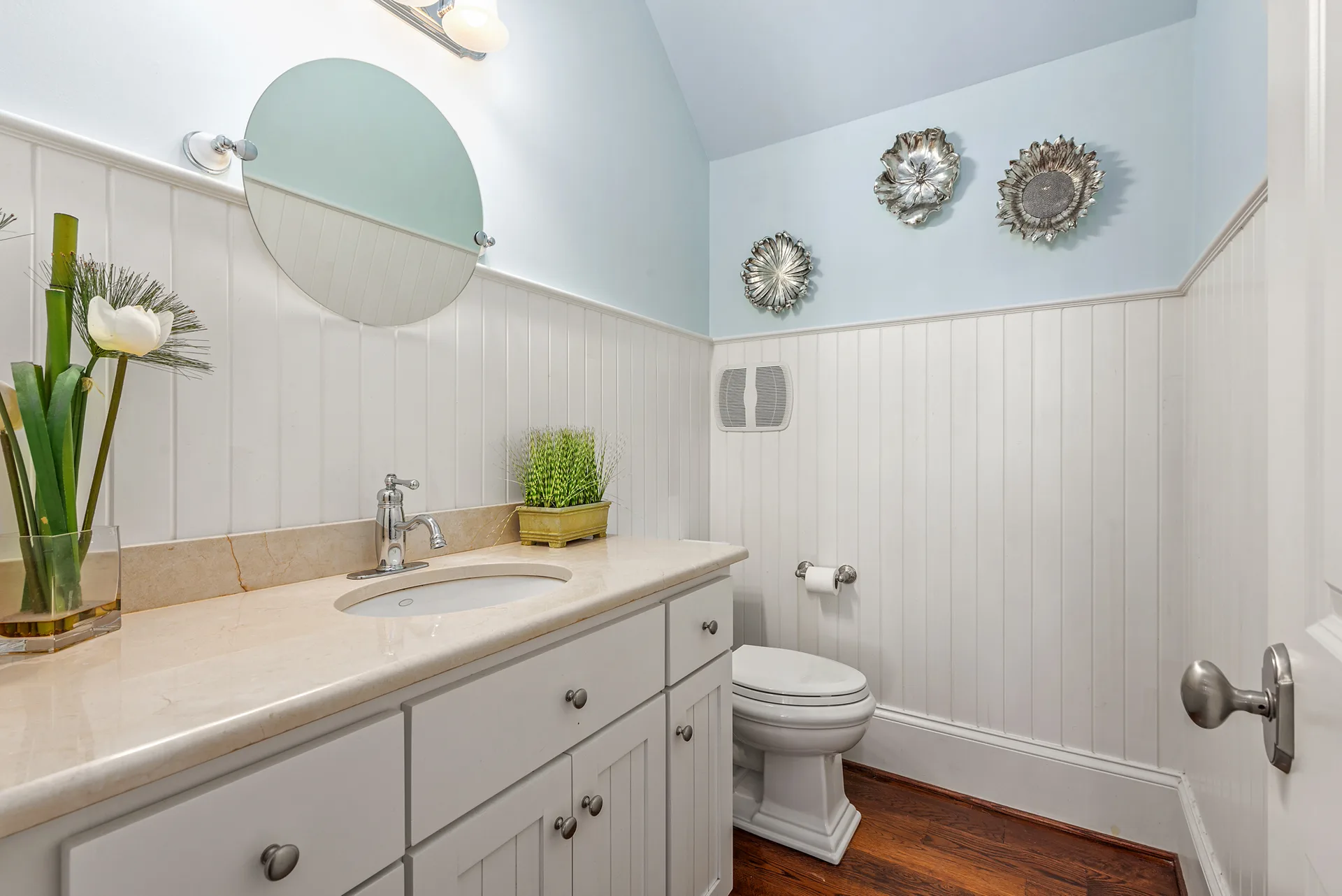 Powder room with beadboard wainscoting