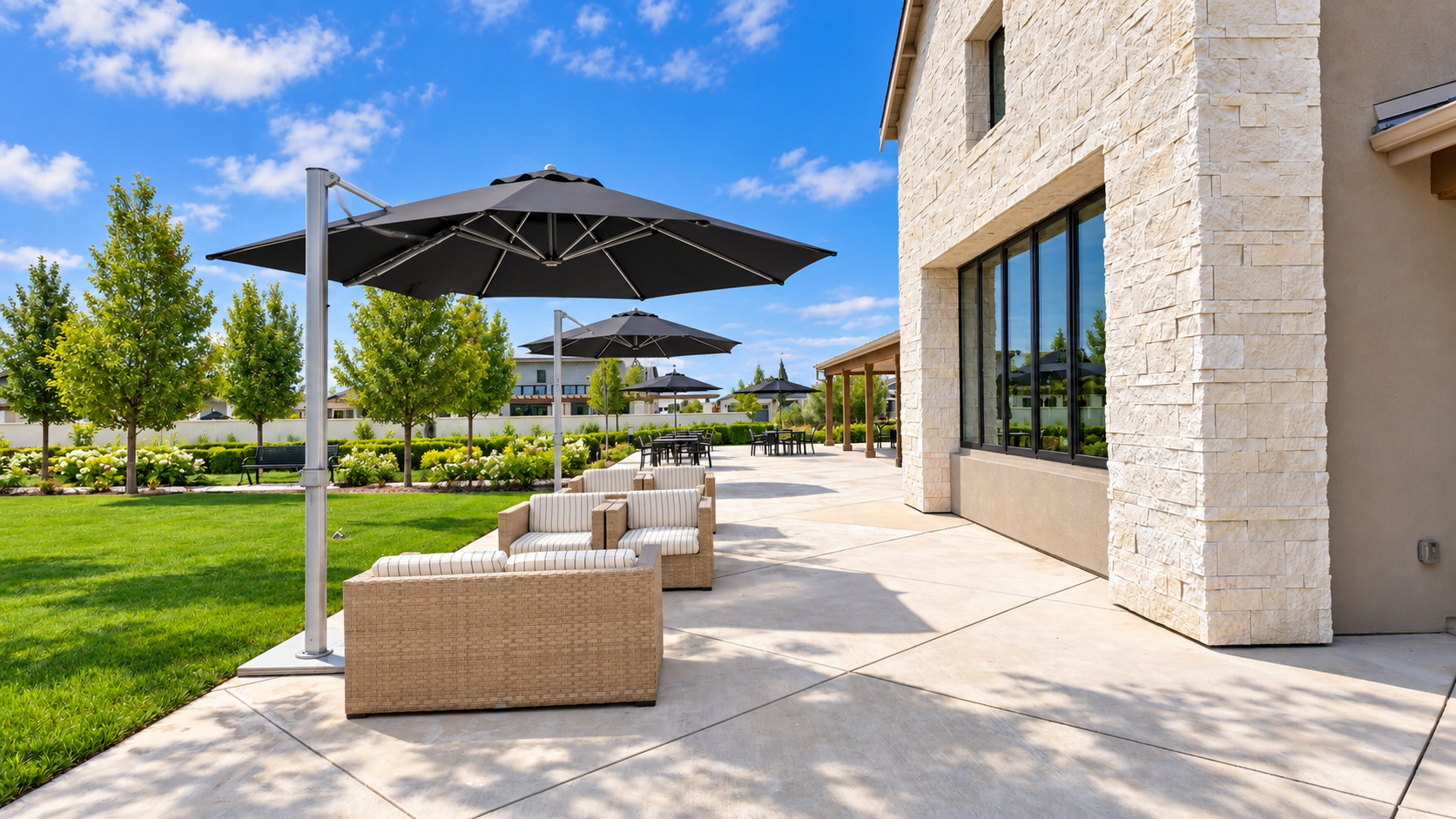 A shaded patio lounge at Club Liberty, Summit at Liberty, Rio Vista
