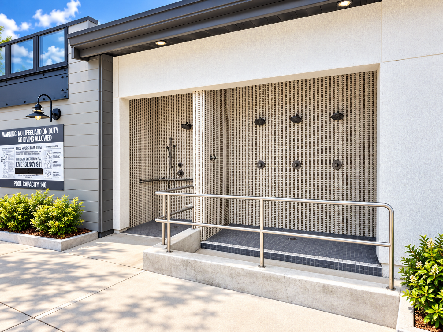 Poolside outdoor showers at Club Liberty, Summit at Liberty, Rio Vista