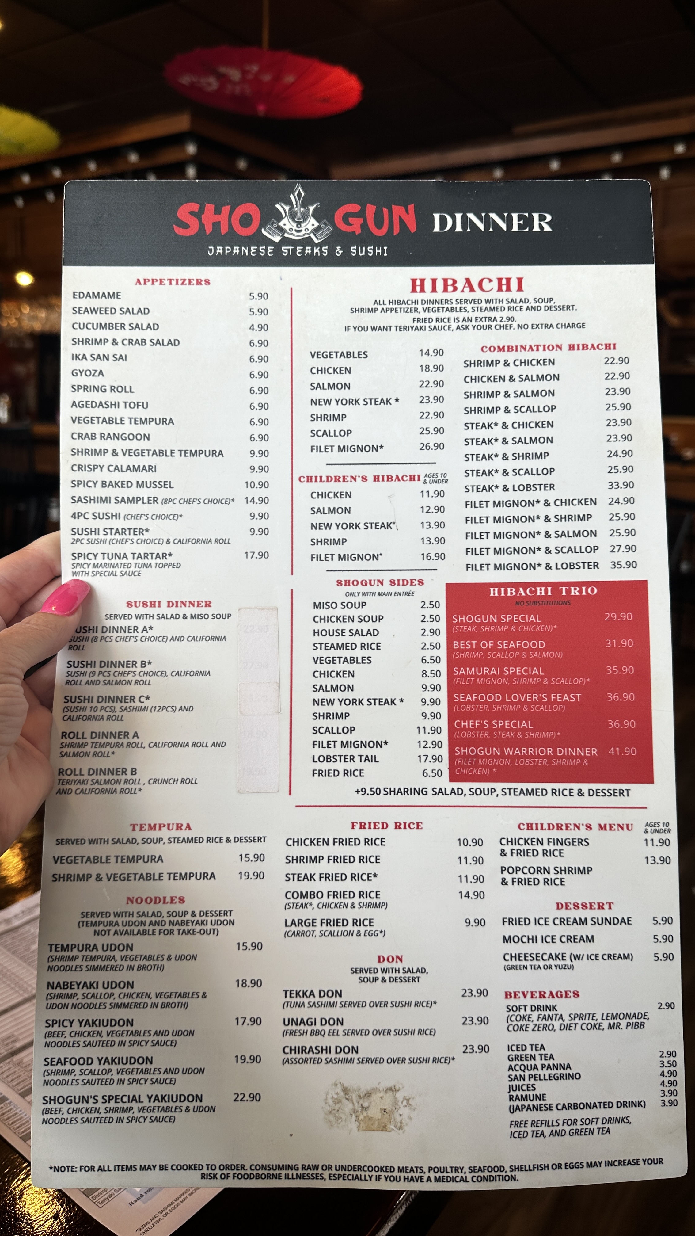 Dinner menu at Shogun Japanese Steak and Sushi featuring hibachi and sushi options in Flowery Branch Georgia
