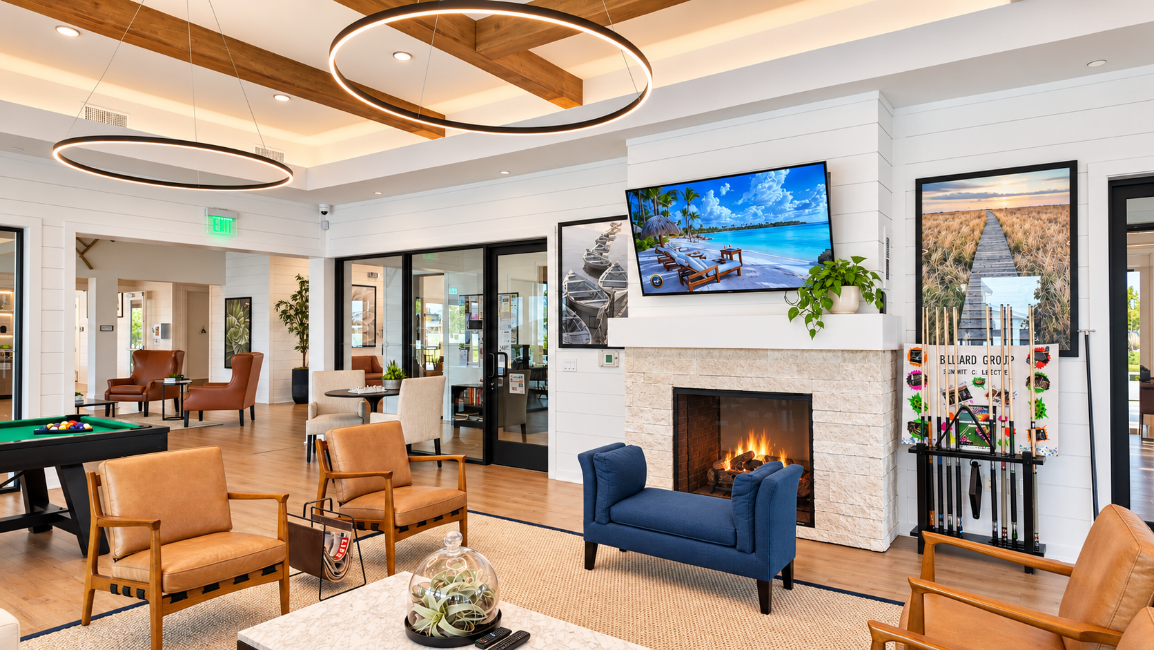 Seating by the fireplace in the billiards lounge at Club Liberty, Summit at Liberty, Rio Vista