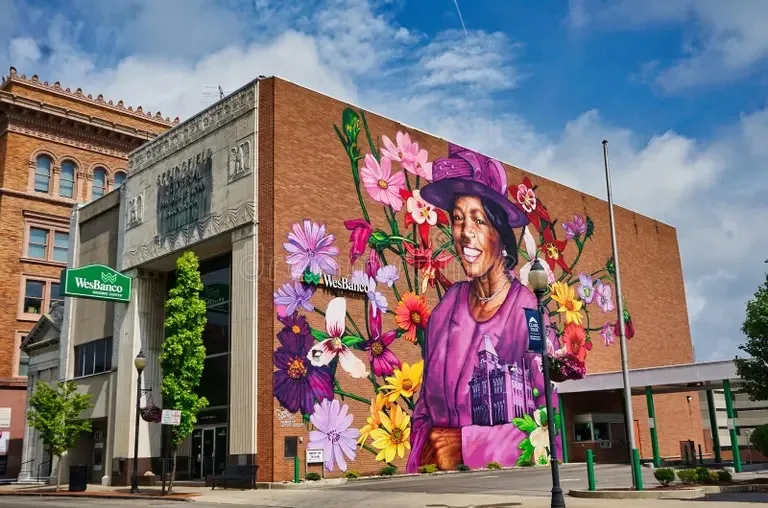 A colorful mural painted on a downtown Springfield Ohio building, part of the city's revitalized historic core