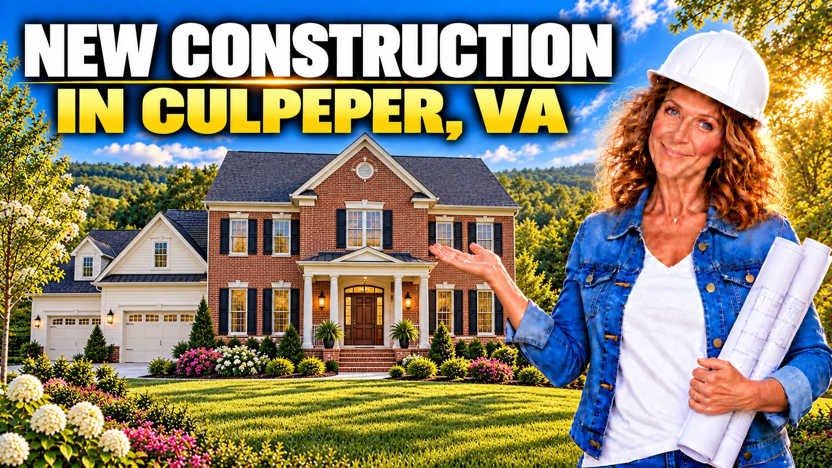 NEW CONSTRUCTION IN CULPEPER, VA hero banner featuring Barbara Jennings in a hard hat holding blueprints in front of a new home at sunset