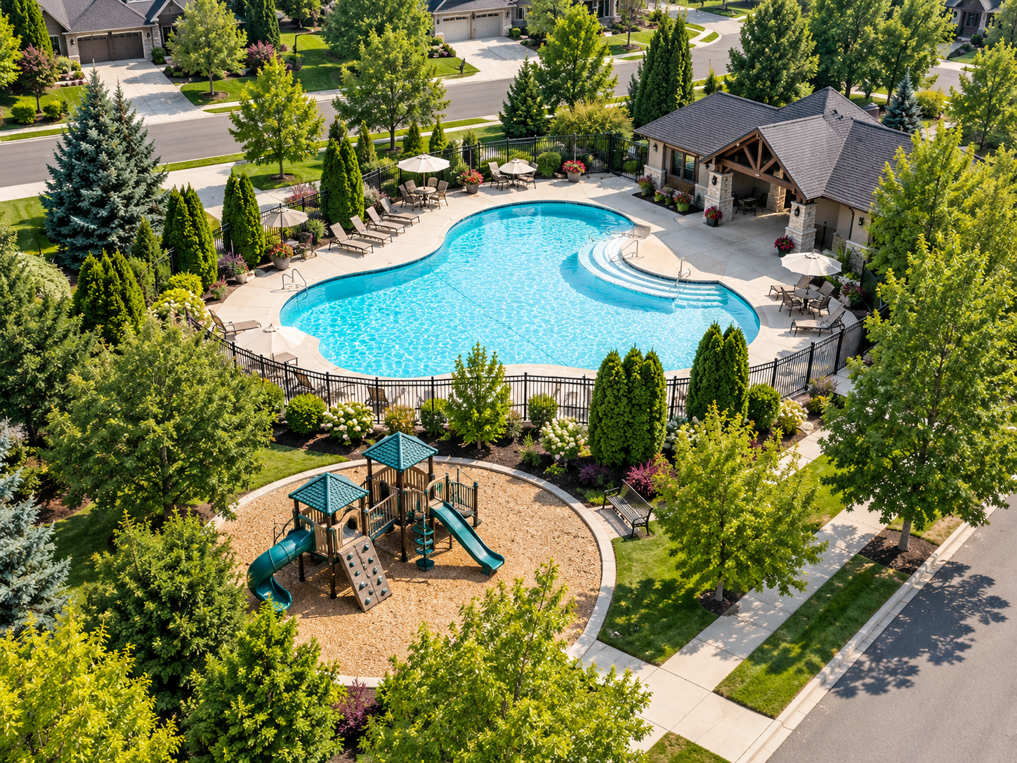 Illustrative image of the community pool, playground, and clubhouse at Lakemoor