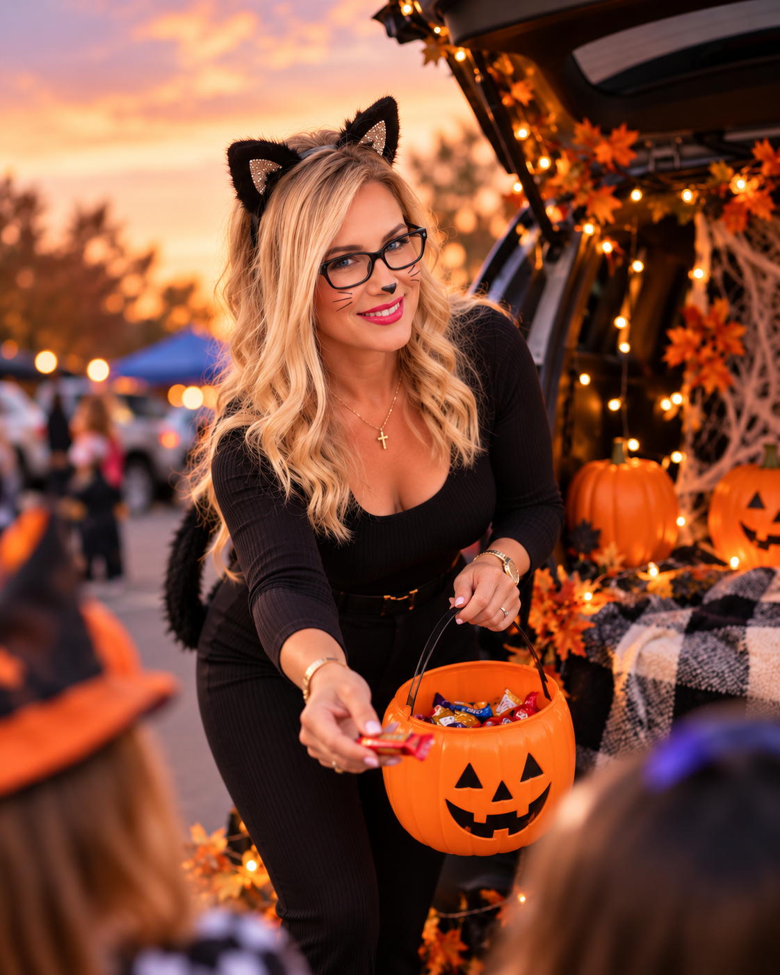 Melissa Albert, dressed as a black cat with blue eyes, hands out candy at a decorated trunk-or-treat event