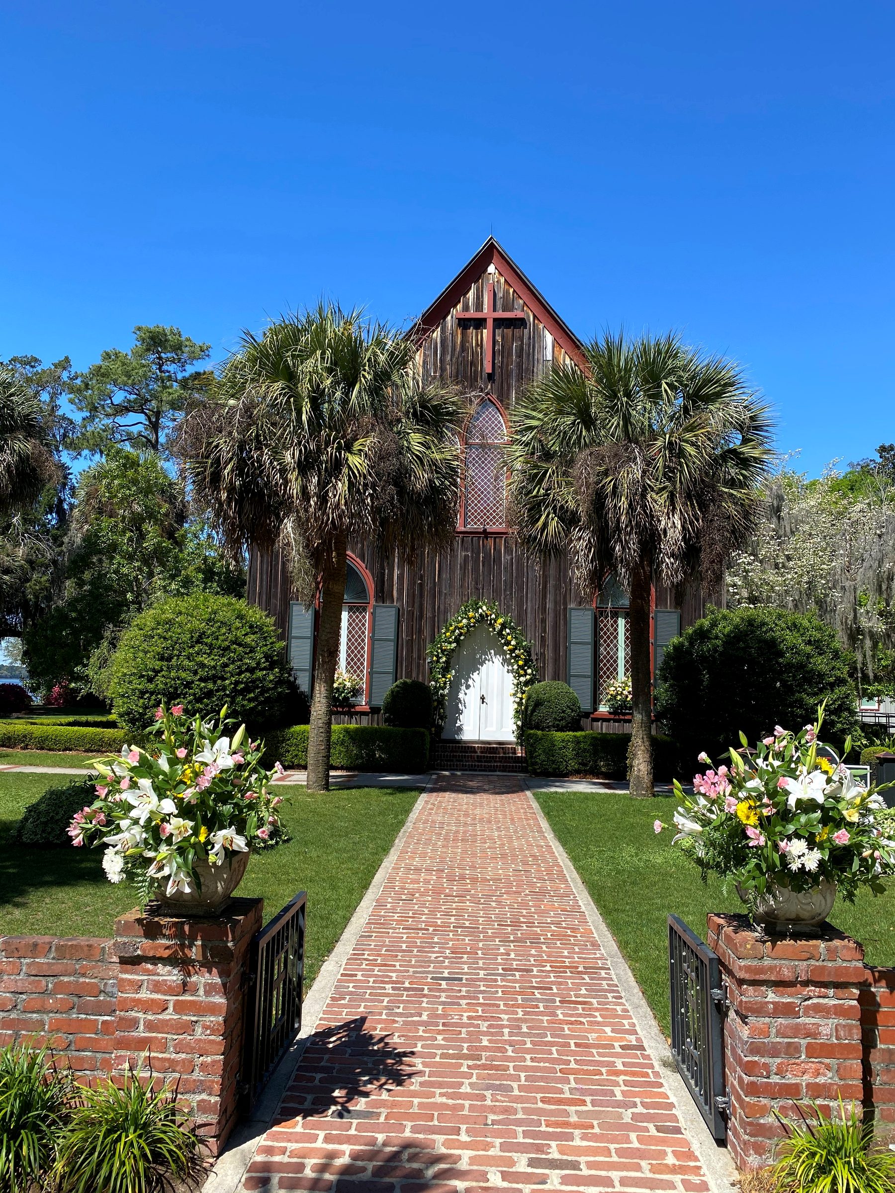 Brick walk leading to the Church of the Cross in Bluffton, SC