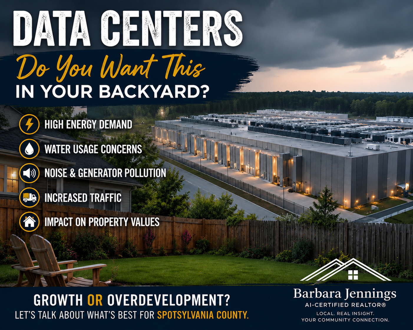 Infographic showing the impact of data centers on Spotsylvania County homeowners, property values, and community development