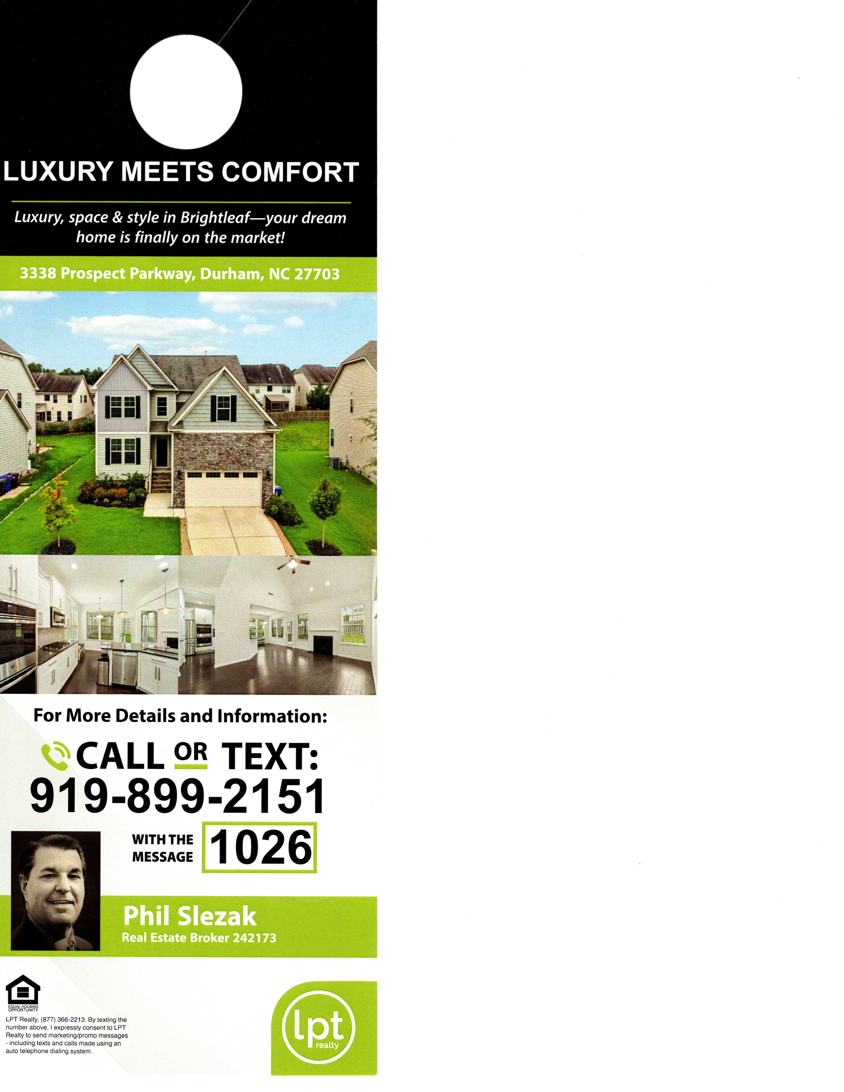Door hanger marketing campaign material for a real estate listing showing property details