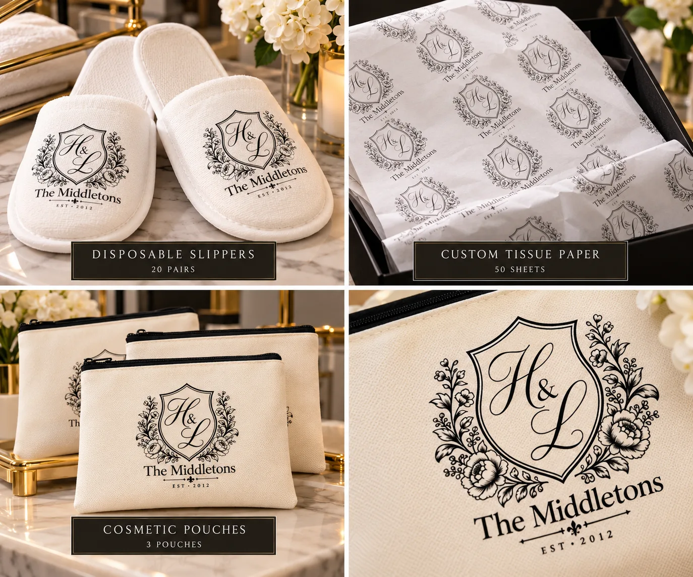 Personalized hospitality items branded with the "H & L" crest reading "The Middletons, EST. 2012": white disposable slippers, a stack of custom tissue paper with the repeated crest pattern, and three off-white zippered cosmetic pouches