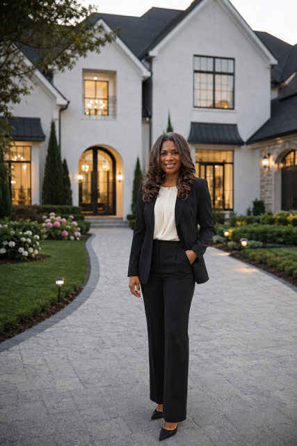 Rhoda Fleming, Luxury Real Estate Professional in Metro Atlanta, with home and landscaping in the background