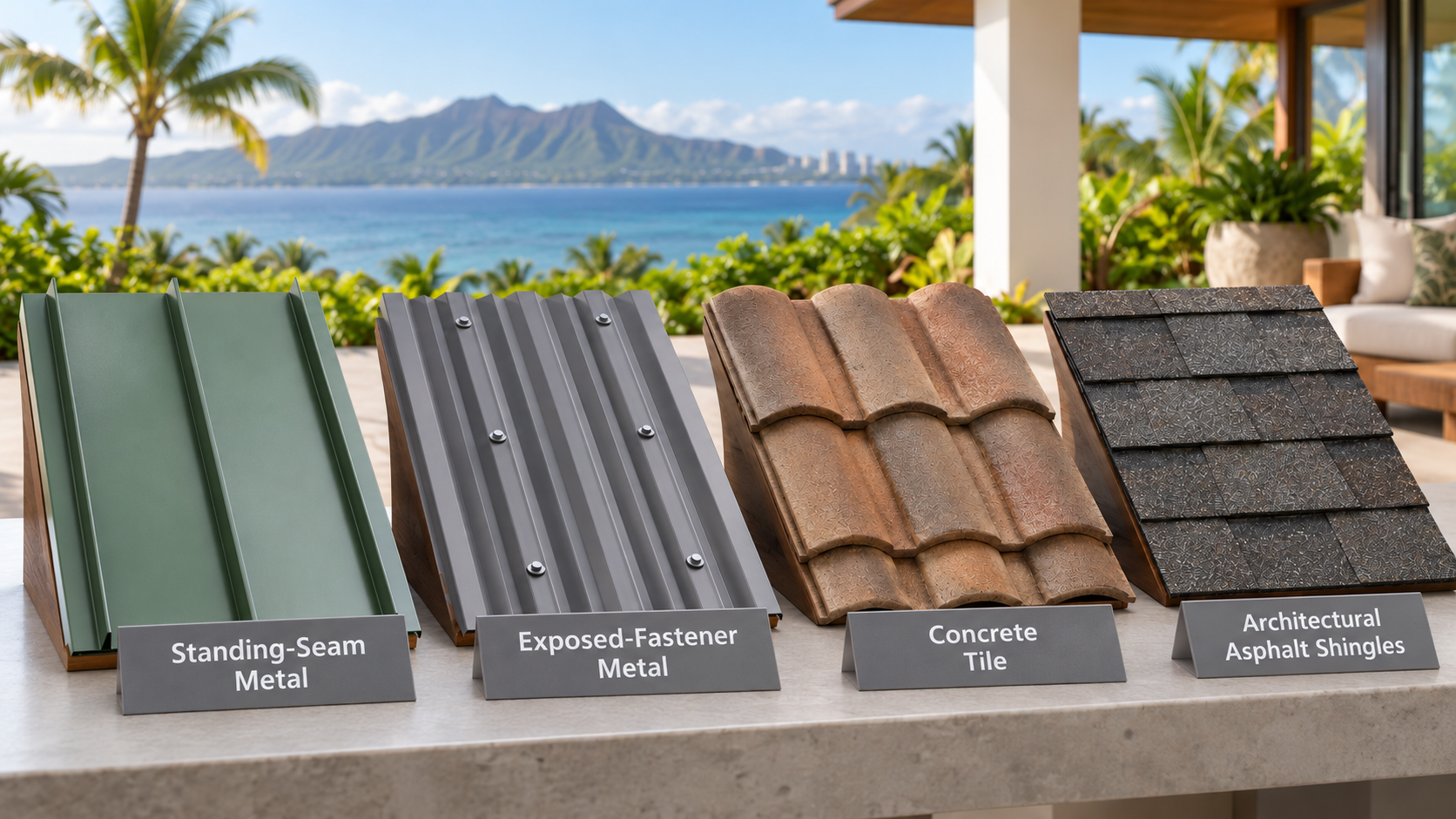Four labeled roofing material samples: standing-seam metal, exposed-fastener metal, concrete tile, and architectural asphalt shingles.