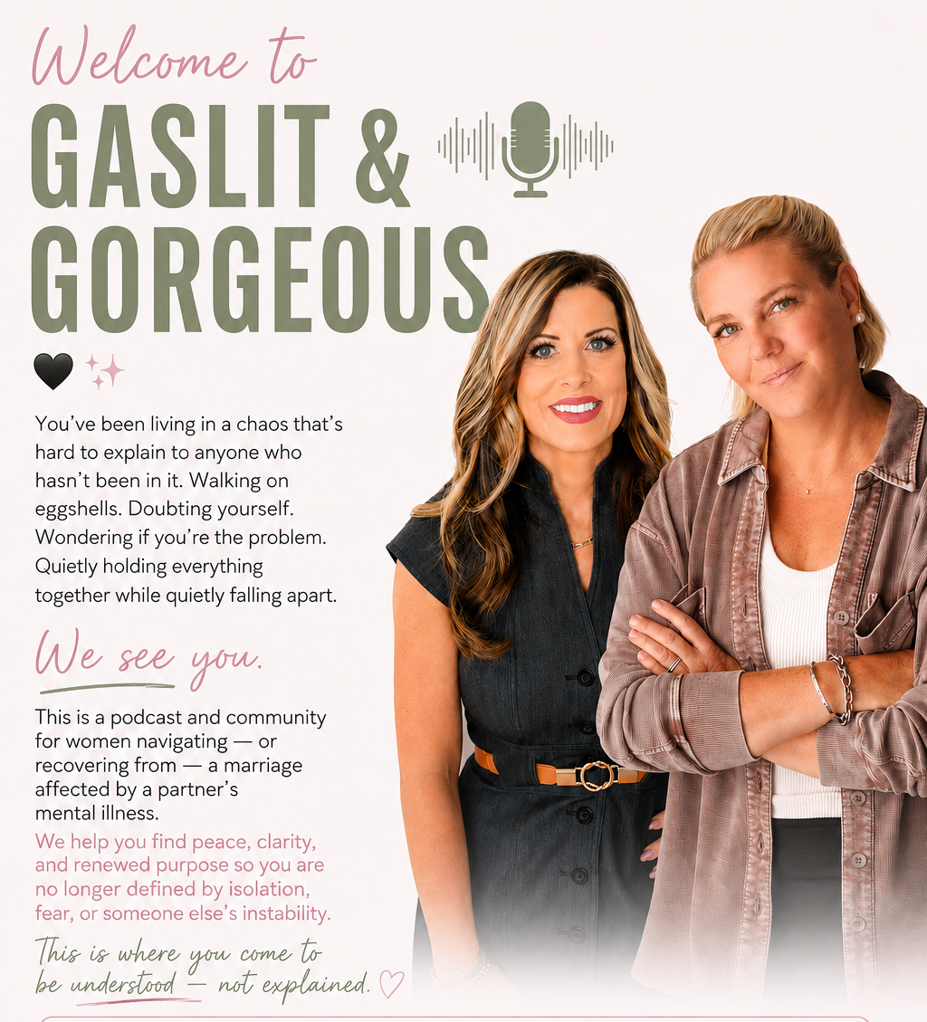 Gaslit and Gorgeous podcast show artwork featuring the logo and title on a soft pink background