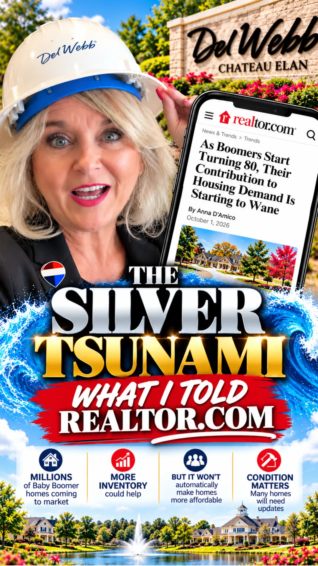Lisa Harris wearing a Del Webb hard hat holding a smartphone showing a Realtor.com article, with the text 'THE SILVER TSUNAMI: WHAT I TOLD REALTOR.COM' over an ocean wave.