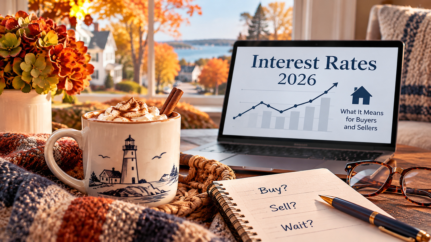 A cozy autumn workspace scene titled Interest Rates 2026