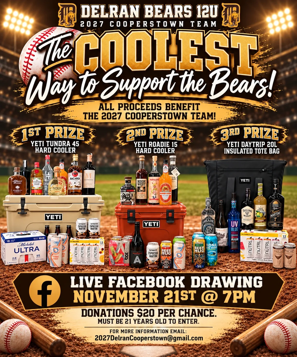 Raffle flyer for the Delran Bears 12U 2027 Cooperstown Team fundraiser, featuring YETI cooler prizes, a $20 per chance donation, and the November 21 live Facebook drawing
