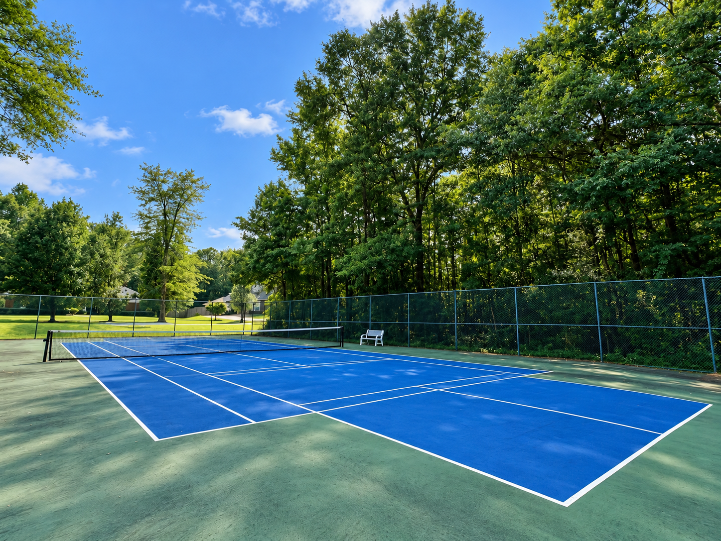 Blue tennis court surrounded by trees in Foxchase on Emerald Lake, Opelika, Alabama