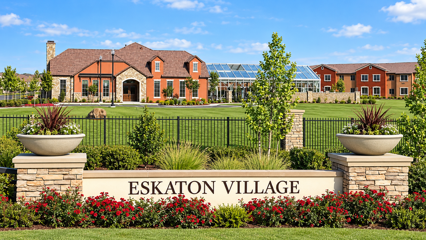 Eskaton Village Roseville monument sign marking the entrance to the 55+ active adult community