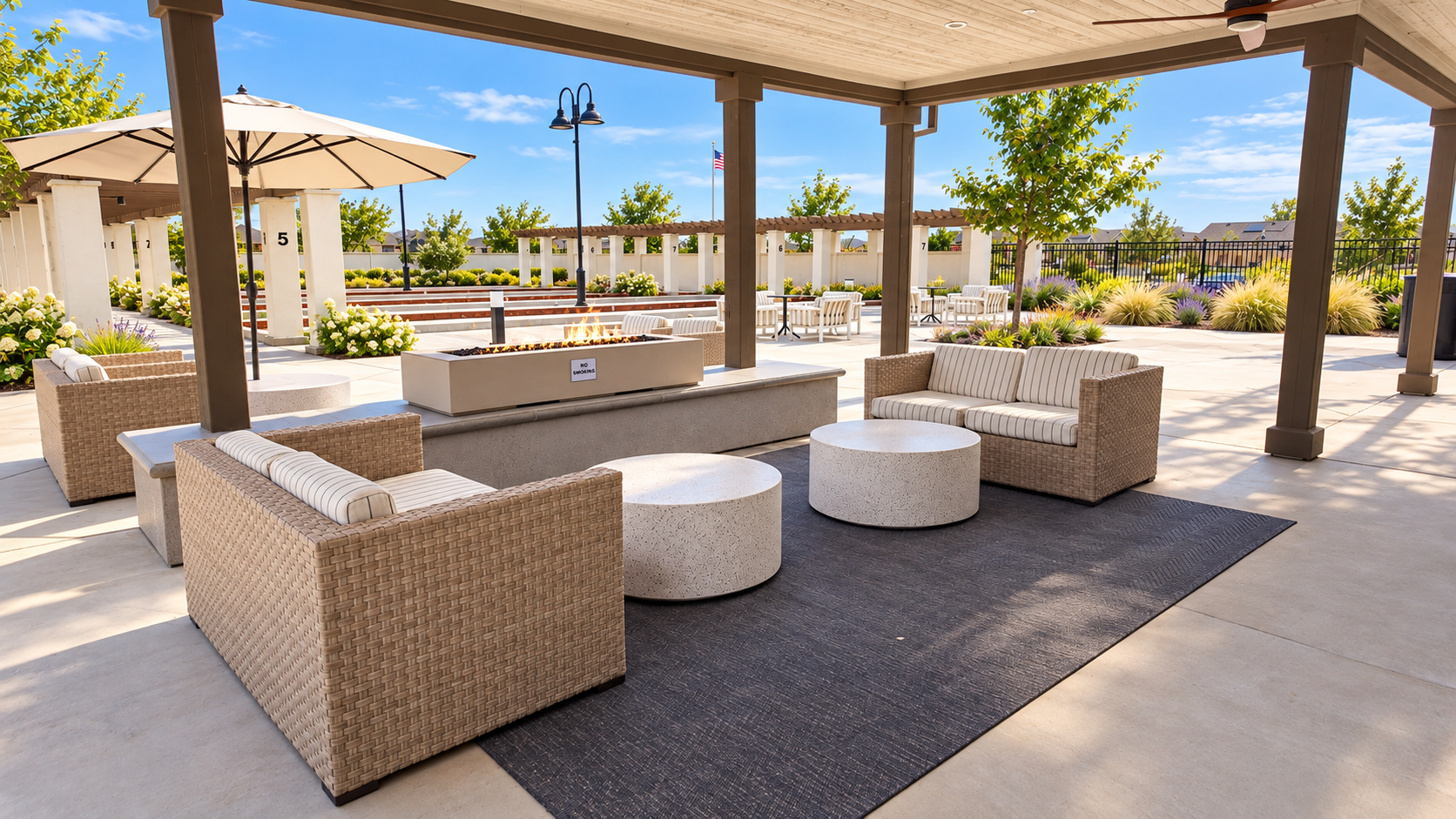 Builder rendering of the covered patio and fire pit at Club Liberty, Summit at Liberty, Rio Vista