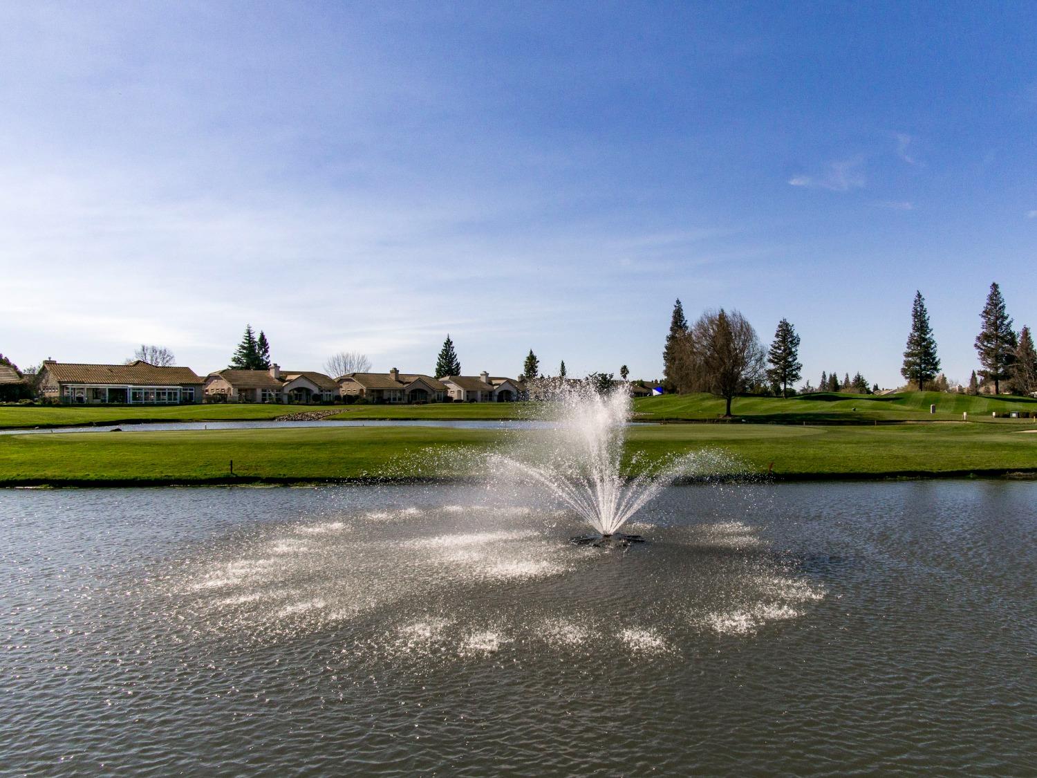 Lake and fountain at Sun City Roseville in Roseville, California, a landmark water feature in the 55+ community