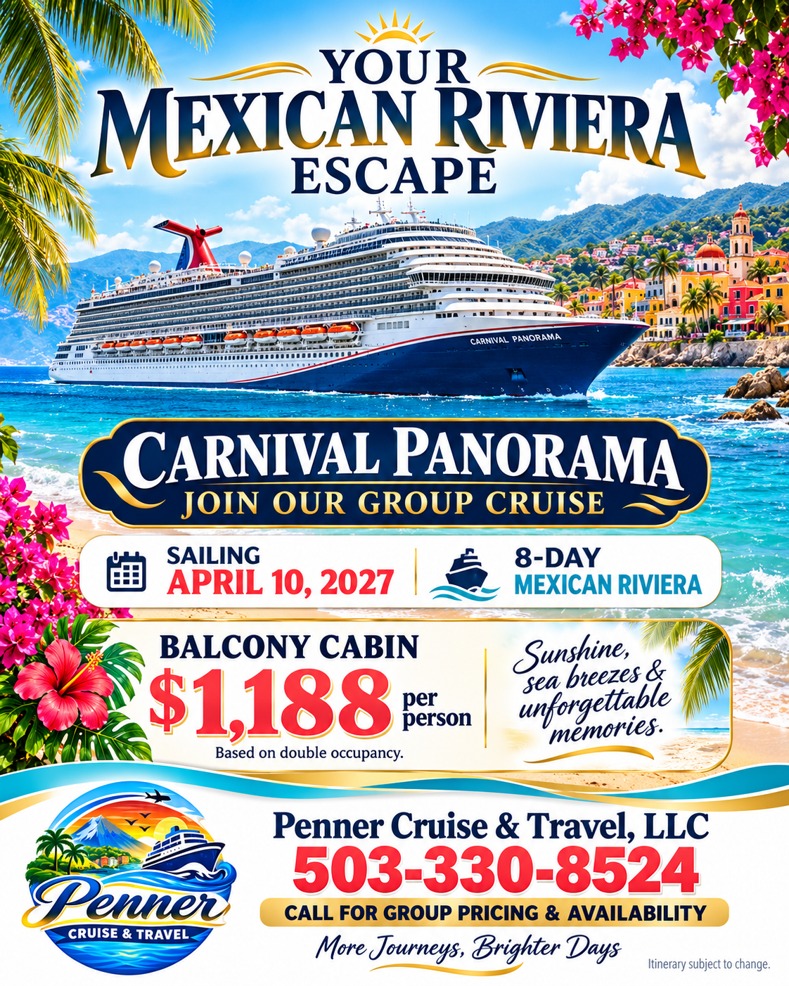 Carnival Panorama group cruise flyer, Mexican Riviera, departing Los Angeles April 10, 2027