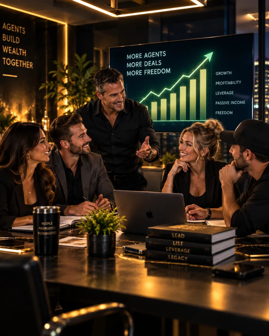 Four business professionals in an evening office meeting, one man standing and gesturing while three seated team members engage, a laptop on the table, and a background screen showing lime-green growth metrics with a rising bar graph
