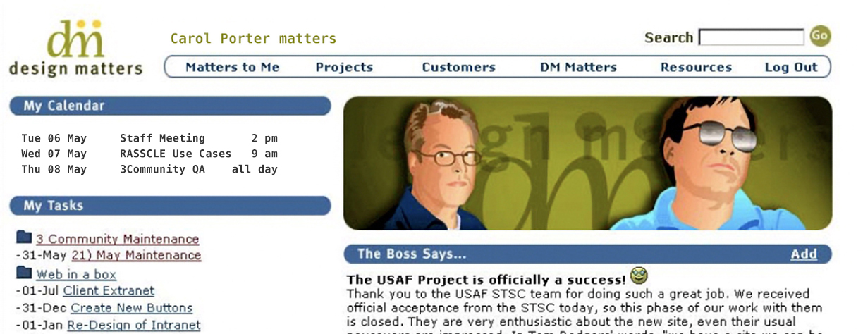 Screenshot of the Design Matters corporate intranet from the early 2000s.