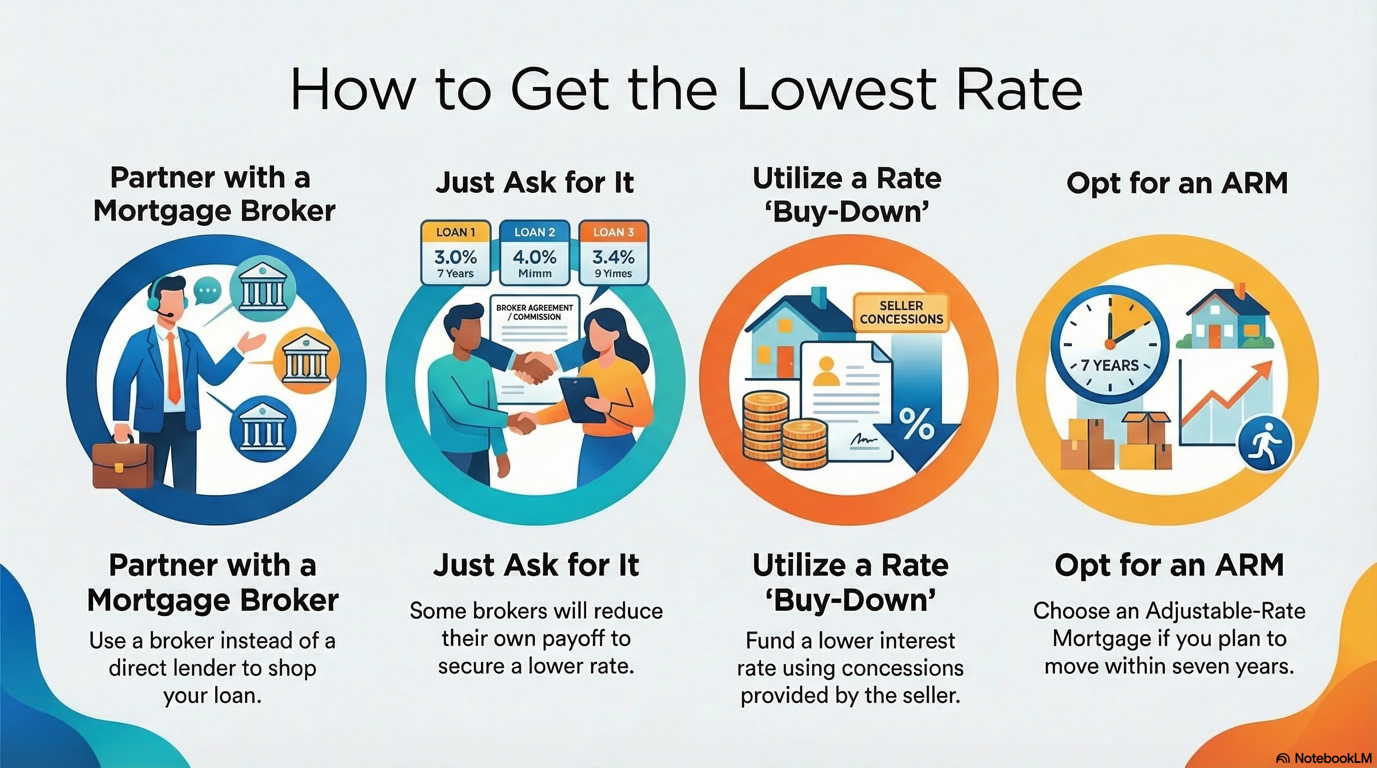 Lowest-rate playbook graphic showing the ways to lower a mortgage rate: shopping multiple lenders, asking for concessions, a seller-funded buydown, or an ARM for a short horizon
