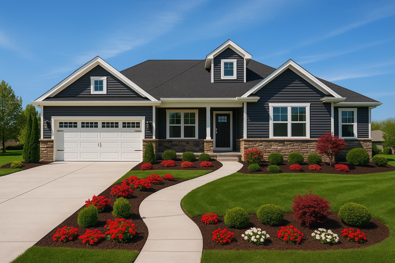 Big Sky Development custom home with navy charcoal siding, stone veneer, red flower landscaping, symmetrical gables, and covered entryway