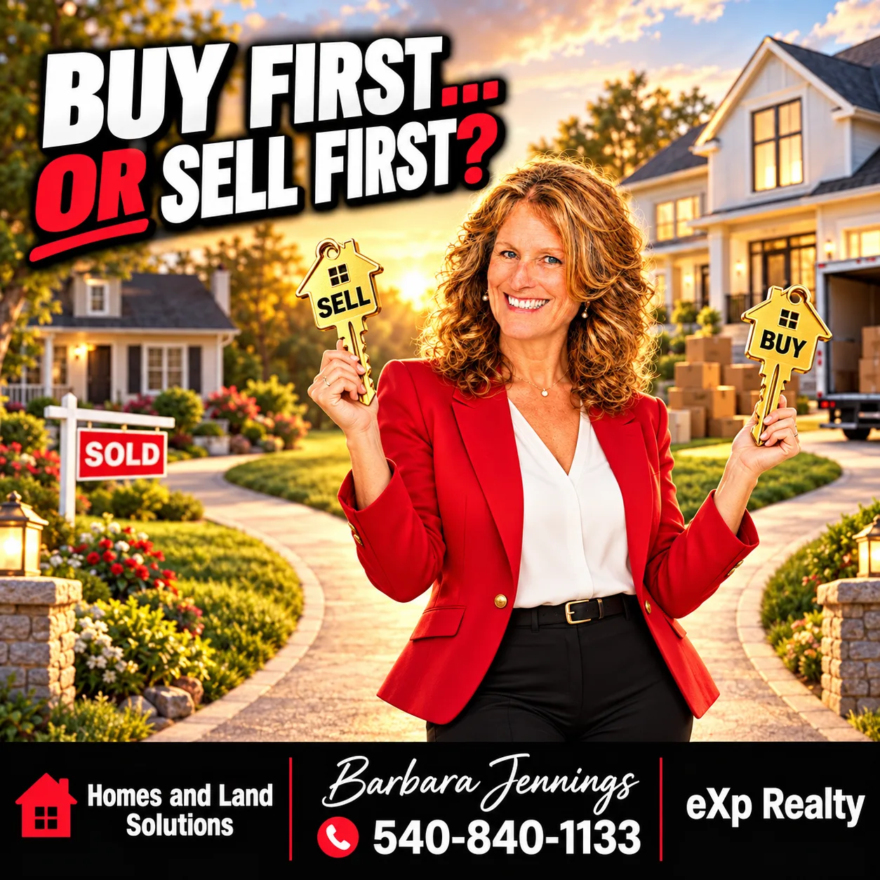 Buy First or Sell First hero banner with Barbara Jennings holding a SELL key and a BUY key