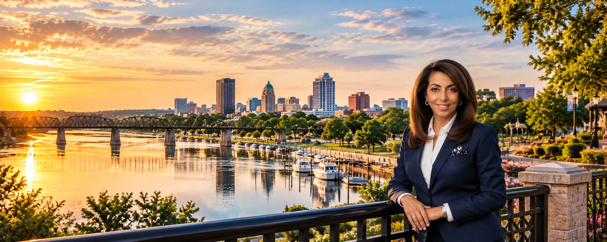 Linda Limehouse on the Augusta riverfront with the Savannah River and city skyline at sunset behind her