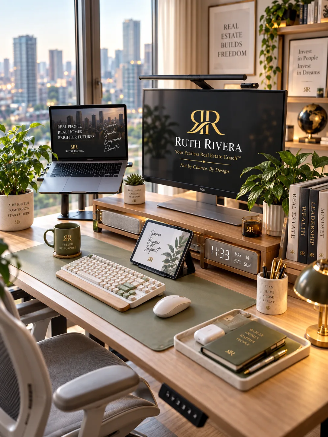 Organized file folders, index cards, and a gold pen on a charcoal desk, the quiet tools of a structured real estate business
