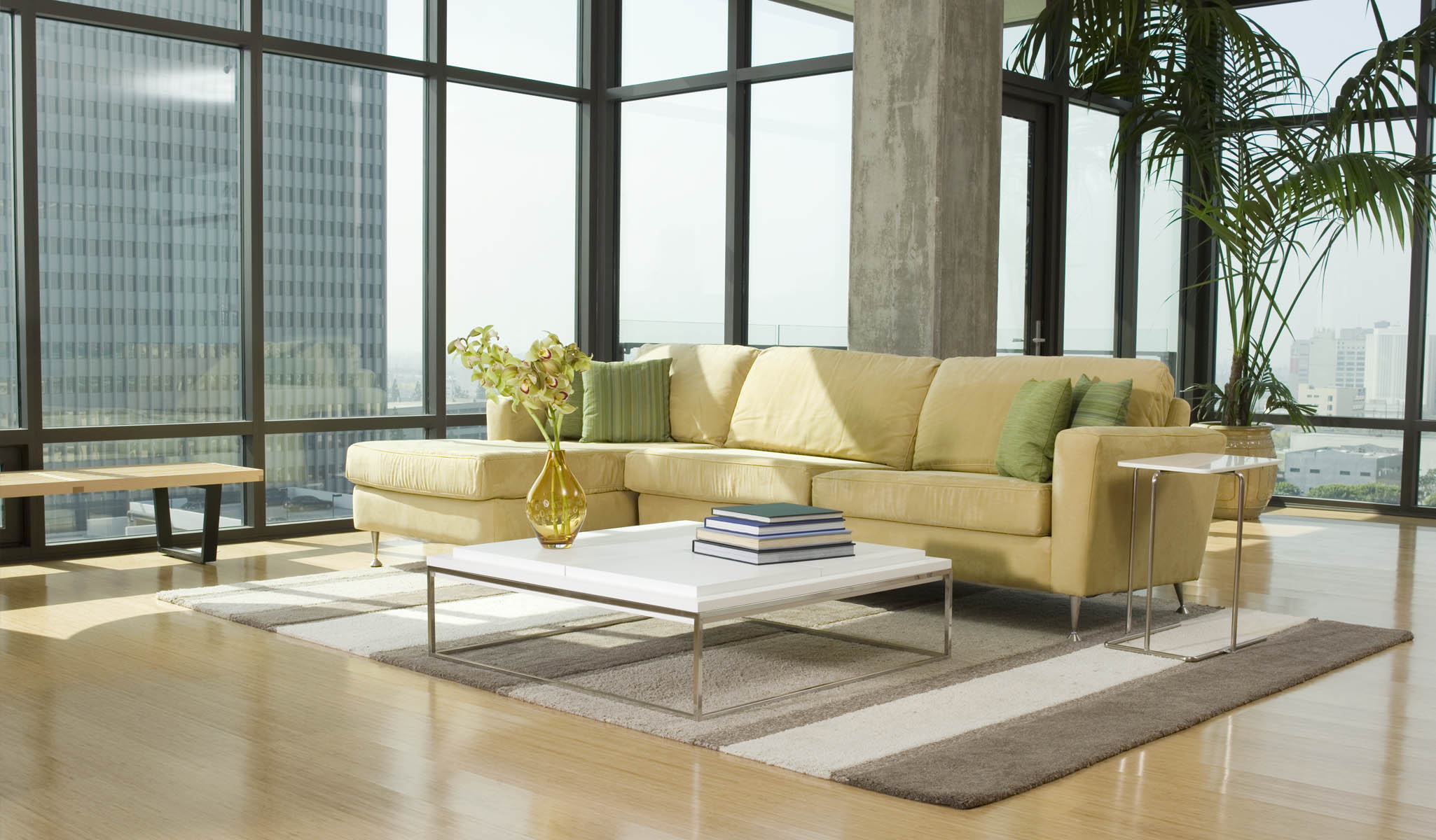 Bright condo living room in Downtown Durham with a modern open floor plan and tall windows