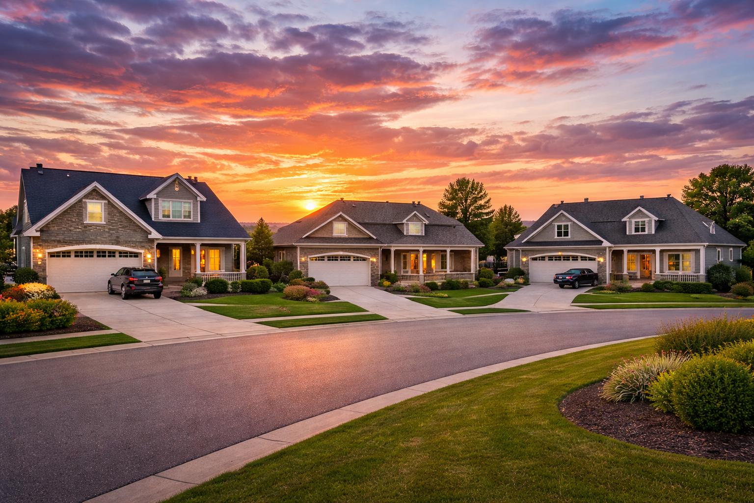 Sunset street view of a residential neighborhood with new construction homes
