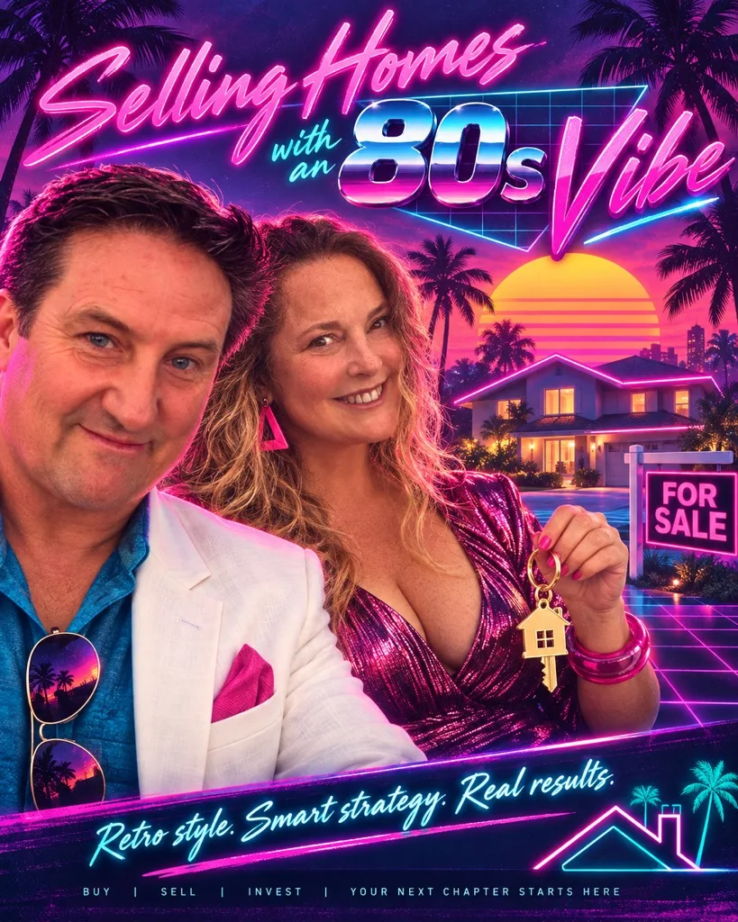 Retro synthwave marketing graphic for Rob Dietrich reading Selling Homes with an 80s Vibe, Retro style smart strategy real results, and BUY SELL INVEST your next chapter starts here
