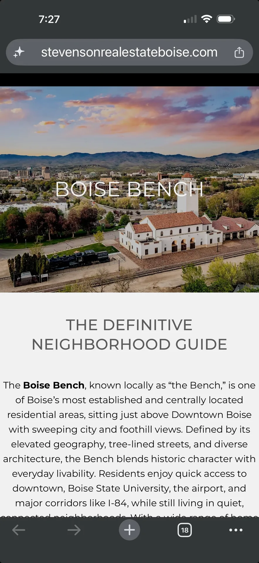 The historic Boise Depot landmark on the Bench with the Boise city skyline and foothills at sunset