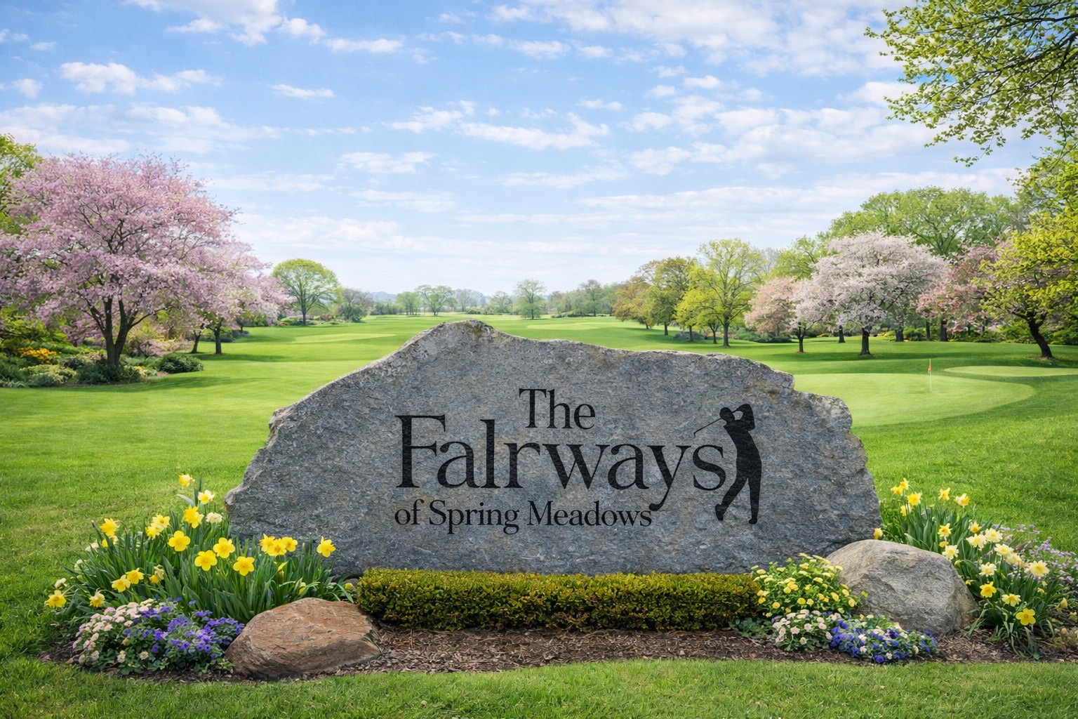 Fairways of Spring Meadows community entrance stone sign marking the subdivision in Fenton Township, Michigan