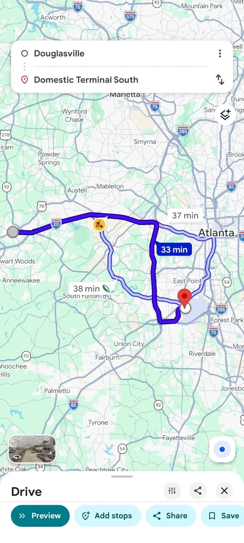Google Maps directions from Douglasville to Hartsfield-Jackson Airport showing about a 33 minute drive